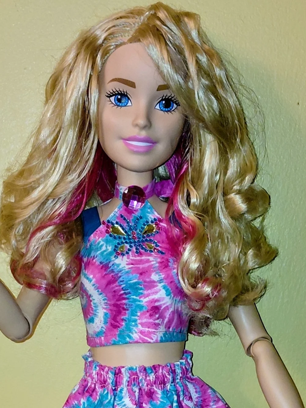 Barbie DOLL+ HANDMADE Pink & Blue Tie-Dye SWIRL Two-Piece Dress, White Boots 28